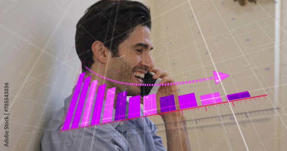 Poster image of arrow on falling graph and grid pattern over caucasian man talking on smartphone