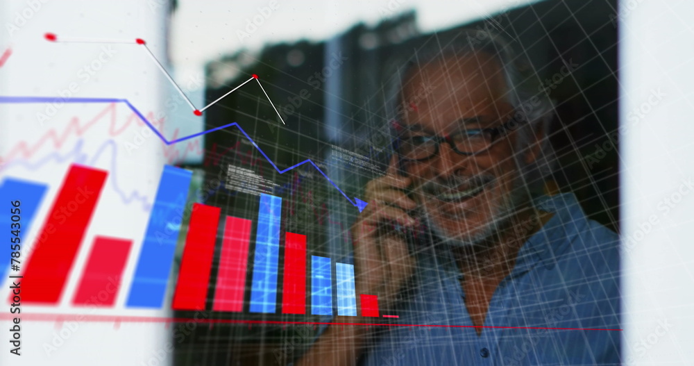 Aufkleber image of multiple graphs, computer language over senior caucasian man talking on cellphone