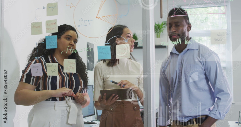 Poster image of graphs and loading circles over diverse coworkers discussing strategy in office
