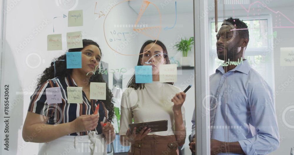 Poster image of graphs and loading circles over diverse coworkers discussing strategy in office