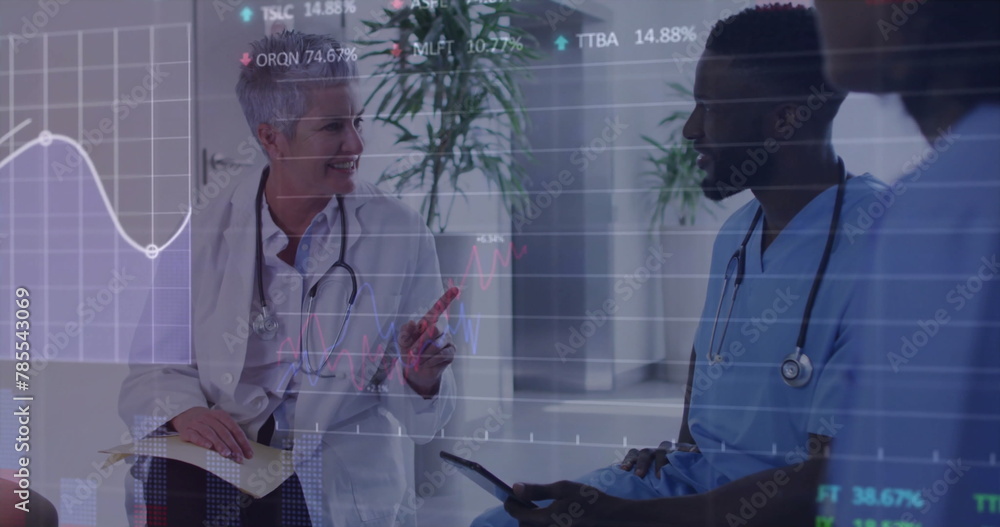 Poster image of multiple graphs and trading boards over diverse doctors discussing in hospital