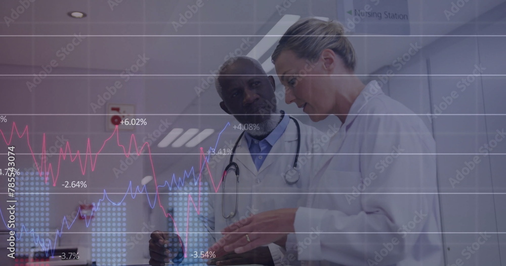 Poster image of multiple graphs with changing numbers over diverse doctors discussing patient x-ray