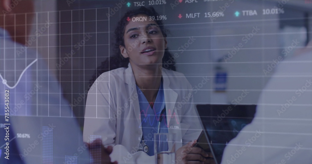 Poster image of multiple graphs and trading boards over diverse doctor discussing patient reports