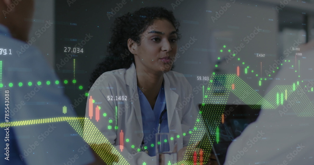 Poster image of multiple graphs and numbers over diverse female doctor discussing with colleagues