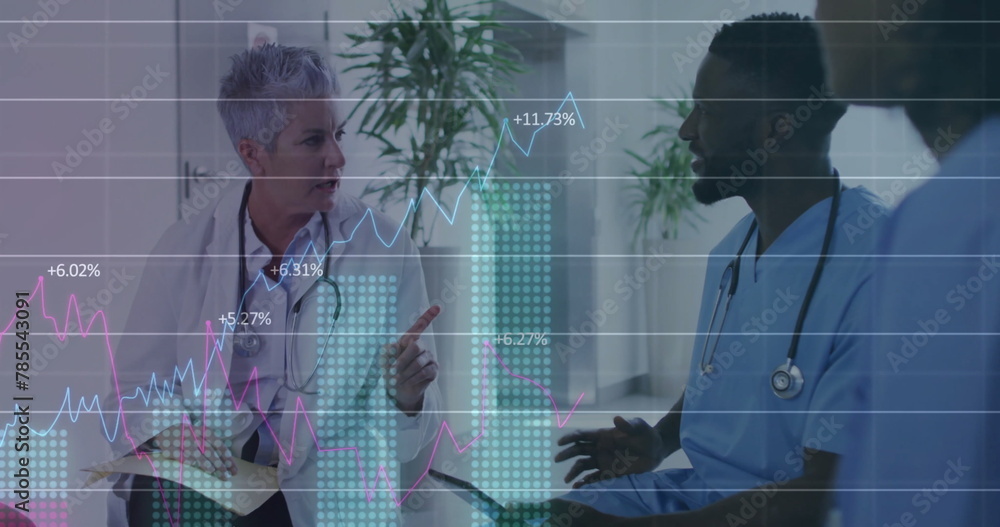Poster image of multiple graphs with changing numbers, diverse doctors discussing in hospital