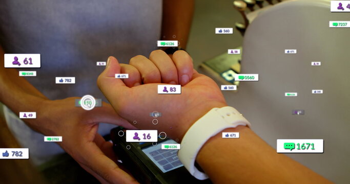 Image of notification bars over diverse man making contactless payment using smartwatch
