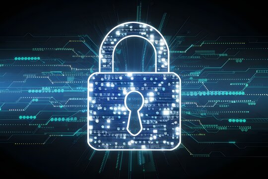 Padlock on dark background with glowing lights, illustrating security and encryption technology