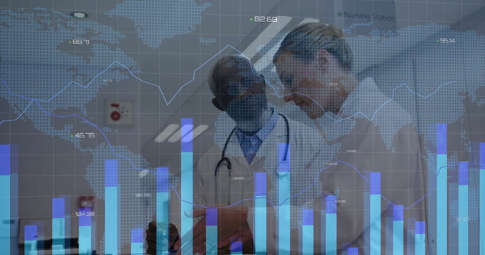 Image of graphs, changing numbers and map over diverse doctors discussing patients reports - Powered by Adobe