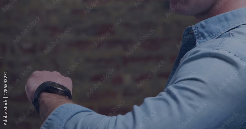 Aufkleber image of data processing and stock market over caucasian man using smartwatch