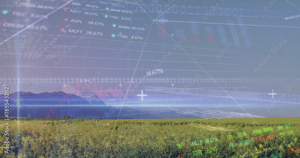 Poster image of stock market and data processing over field