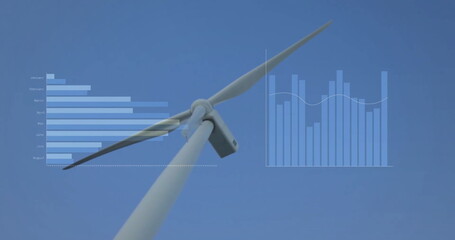 Image of financial data processing over wind turbine