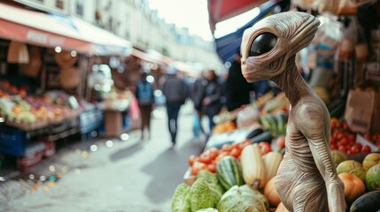 Cinematic photo of a friendly extraterrestrial immersing itself in the vibrant atmosphere of a traditional Parisian market, with colorful produce 02 - obrazy, fototapety, plakaty