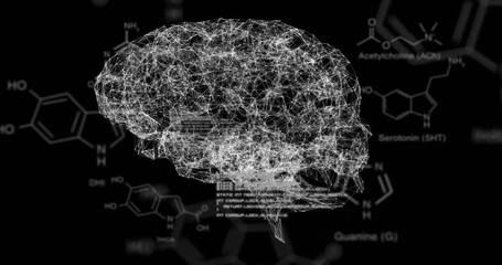 Image of molecular structure diagrams and symbols over rotating brain on black background