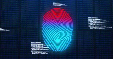 Image of fingerprint and data processing on dark blue background