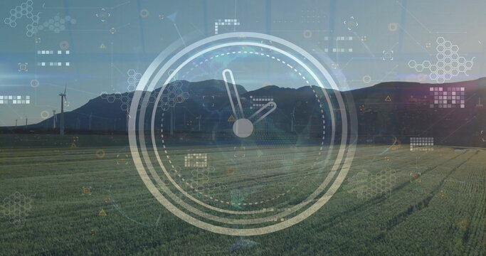 Image of financial data processing over clock and countryside