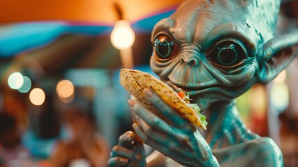 Cinematic photo of a friendly extraterrestrial delighting in a crunchy taco at a colorful food truck festival 02