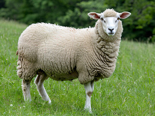 Naklejka na ściany i meble A sheep is standing in a grassy field