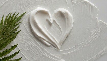 White beauty skincare cream swipe smear forming a heart shape on a white background, showcasing cosmetics makeup smudge swatches in a top view