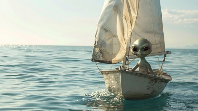 Cinematic photo of a friendly alien enjoying a leisurely sailboat ride on the open sea, with billowing sails and the vast expanse of ocean stretching out to the horizon