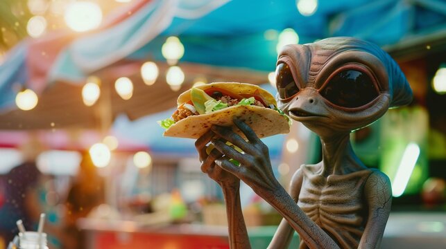 Cinematic photo of a friendly extraterrestrial delighting in a crunchy taco at a colorful food truck festival 03