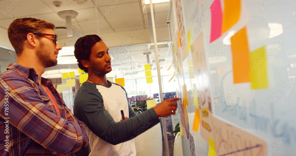Poster image of data processing and diagrams over diverse business people discussing work