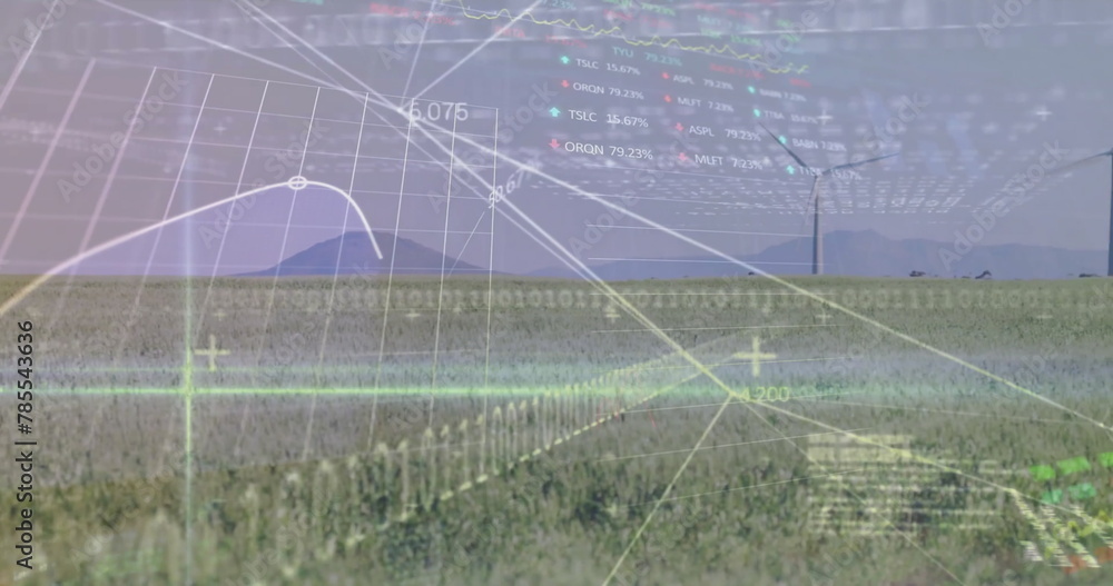 Poster image of stock market and data processing over field with wind turbines