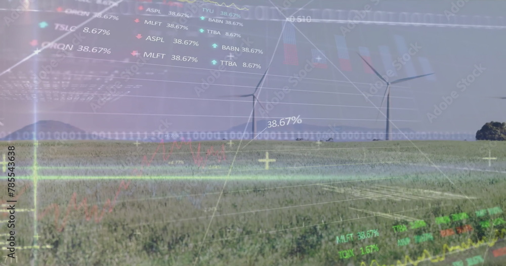 Poster image of stock market and data processing over field with wind turbines
