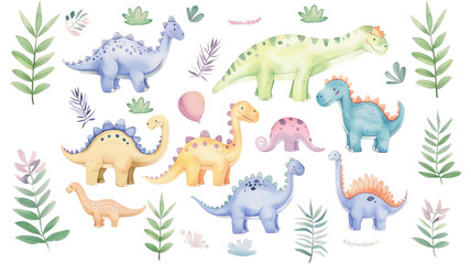 a set of watercolor illustrations of funny cartoon dinosaurs on a white background. watercolor drawing for children's textiles