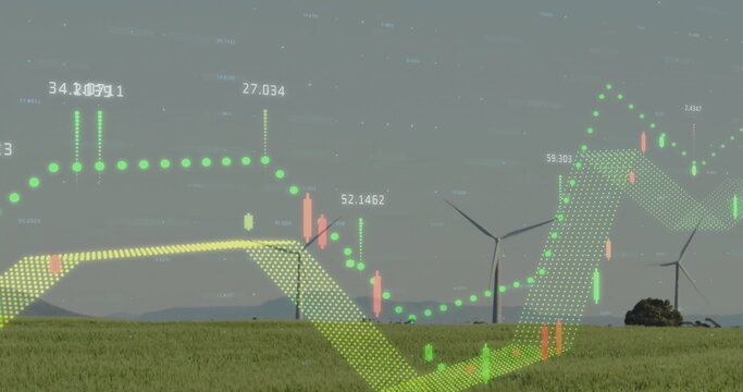 Image of diagrams and data processing over field with wind turbines