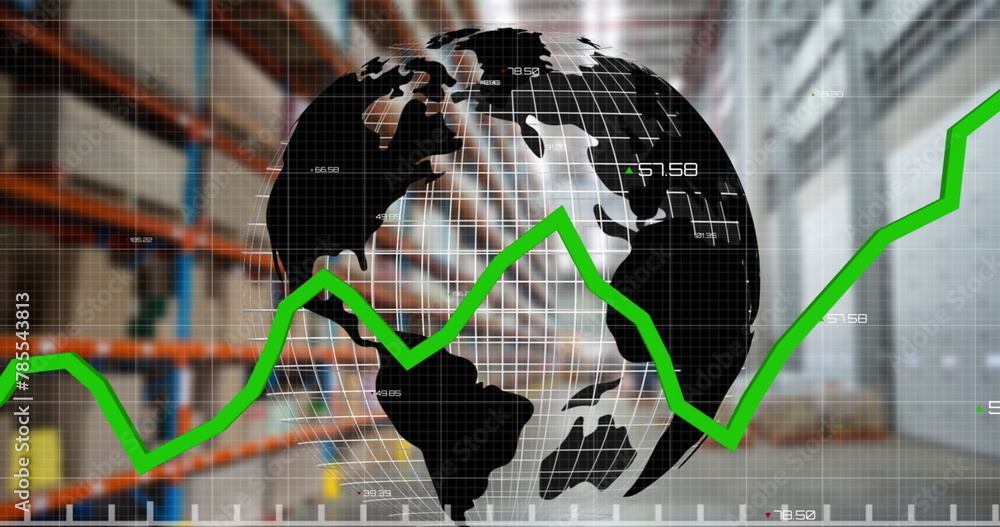 Poster statistical data processing over spinning globe against warehouse in background