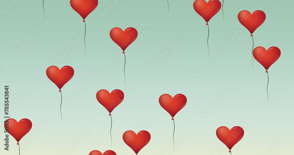Poster digital image of multiple red heart shaped balloons floating against green background