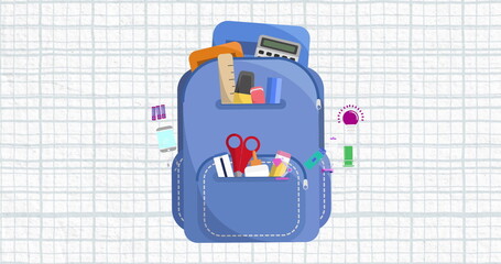 Image of back pack over school items icons