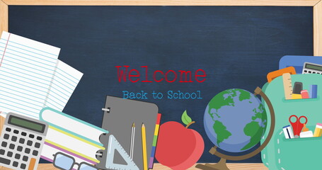 Digital image of welcome back to school text over sports concept icons against blackboard