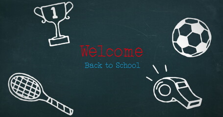 Digital image of welcome back to school text against sports concept icons on blue background