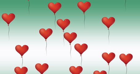 Digital image of multiple red heart shaped balloons floating against green background - Powered by Adobe