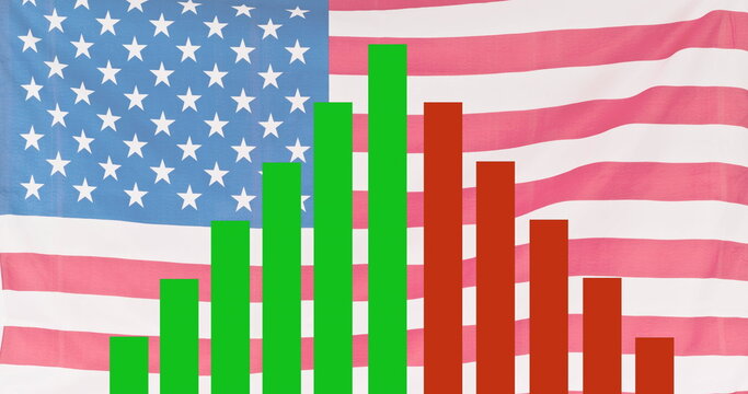 Naklejki Image of statistic processing over waving flag of united states of america
