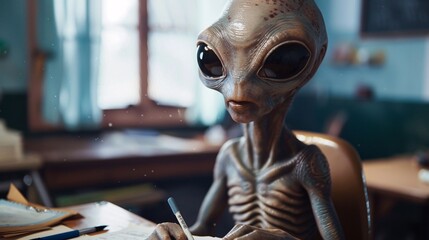 Cinematic moment of an amiable extraterrestrial helping a fellow student with their homework, their patient guidance a testament to the spirit of camaraderie at school 02 - obrazy, fototapety, plakaty
