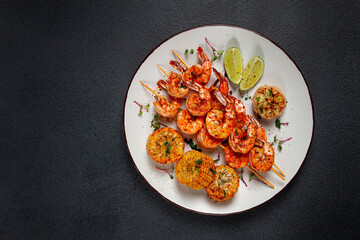 tiger prawns on skewers, shrimp kebab, with corn, fried, homemade, no people,