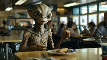 Cinematic moment of an amiable extraterrestrial sharing a snack with their classmates during lunchtime, the cafeteria buzzing with conversation and the clatter of trays 02 - obrazy, fototapety, plakaty