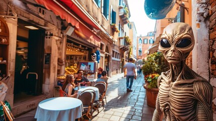 Cinematic moment of an amiable alien savoring gelato while strolling down a charming cobblestone street in Venice