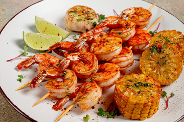 tiger prawns on skewers, shrimp kebab, with corn, fried, homemade, no people,
