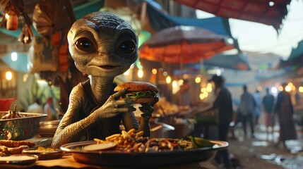 Cinematic moment of an amiable alien relishing a savory sandwich at a bustling street food market, with the aroma of various cuisines filling the air and vibrant food stalls lining the lively scene