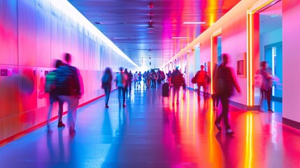 Blurry motion effect in a university hallway as students move around, with vibrant colors and dynamic lighting 01