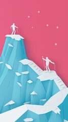 Two climbers, one jubilantly reaching the peak of a glittering icy mountain, the other stranded mid-climb in a blizzard, illustrating the fine line between success and failure, papercut style
