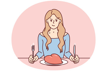 Frowning woman sits at table with giant heart in plate and holds fork with knife. Girl for concept toxic relationship and enmity towards husband after disappointment in marriage. Flat vector design - 785544490