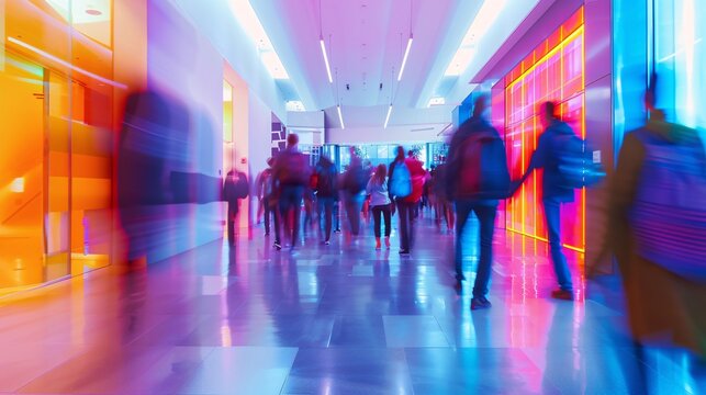 Blurry motion effect in a university hallway as students move around, with vibrant colors and dynamic lighting 02