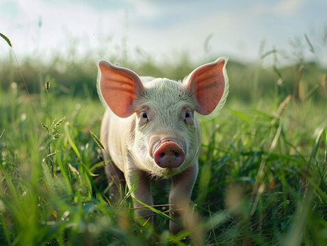 A pig is standing in a field of grass