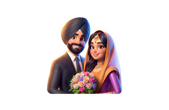 Punjabi Sikh Couple With Bouquet Wearing Formals and Traditional Clothes. 