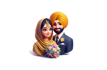 Punjabi Gursikh Young Couple In Wedding Shoot With Bouquet Flowers Wearing Marriage Attire Turban and Veil Traditional And Formal Clothes