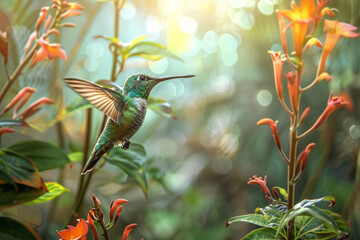 Flying Hummingbird surrounded by flowering plants